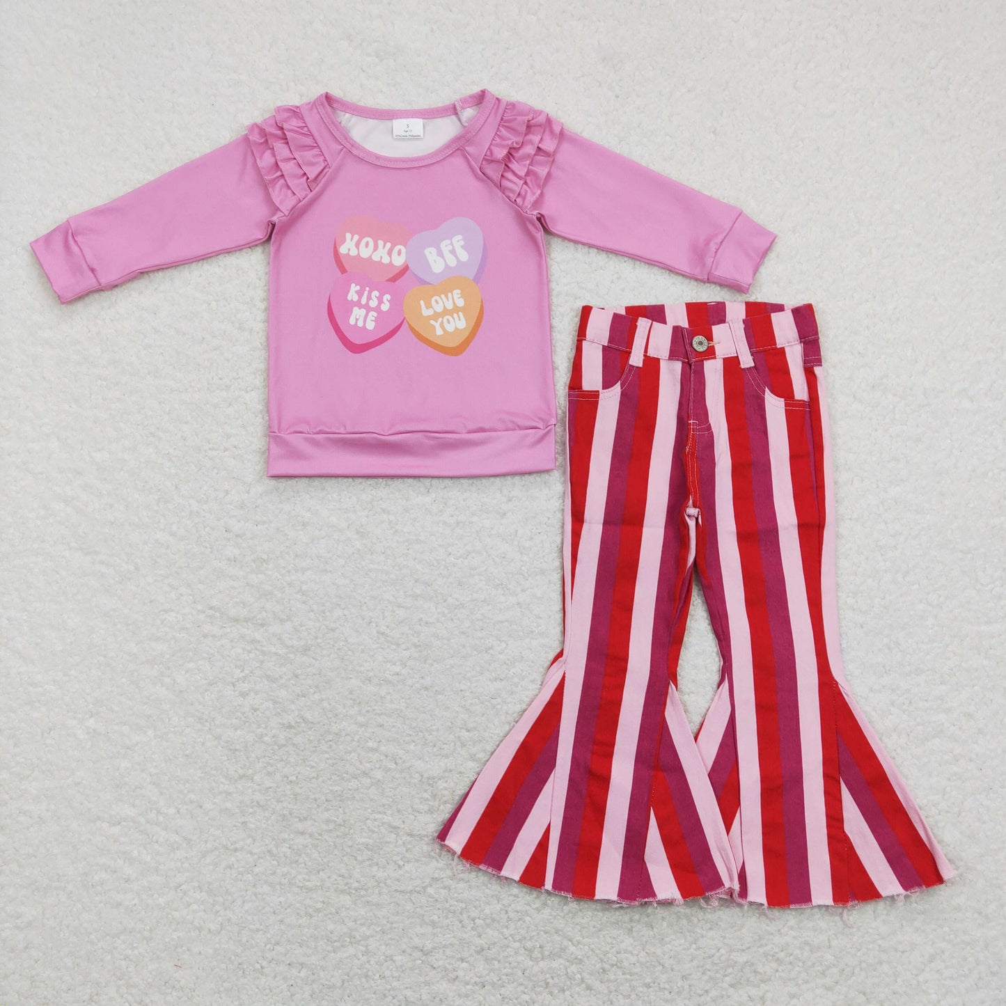 Baby Girls Valentines XOXO Shirt Stripes Dark Pink Bell Denim Jeans Pants Clothes Sets