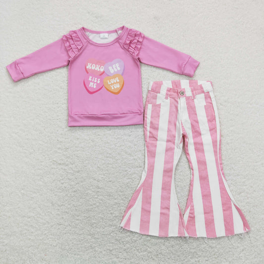 Baby Girls Valentines XOXO Shirt Stripes Pink Bell Denim Jeans Pants Clothes Sets