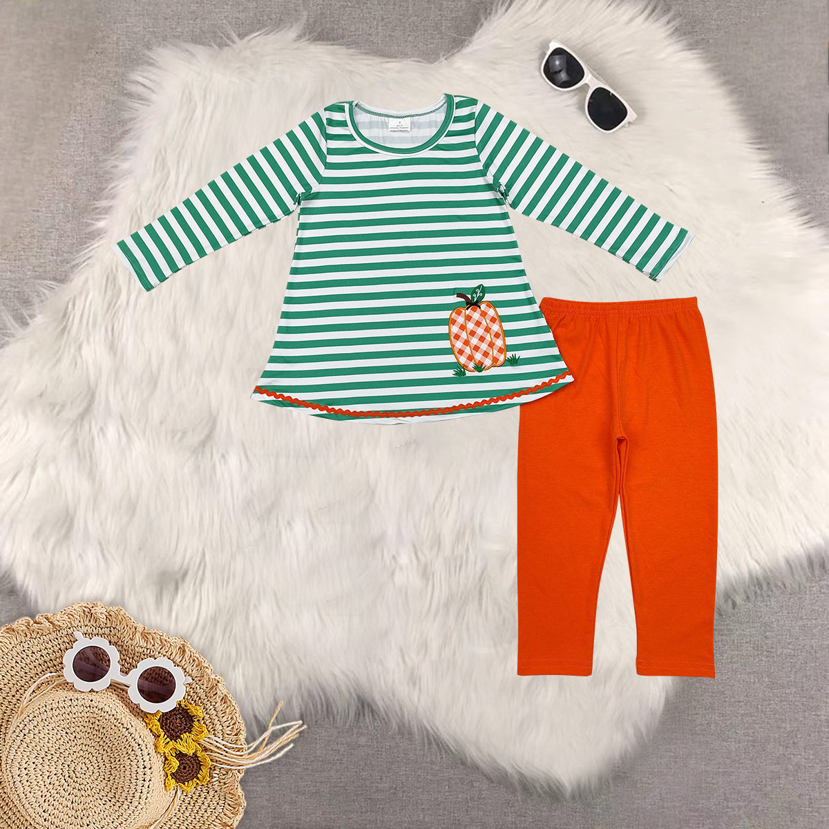 Sibling Baby Girls Long Sleeve Floral Pumpkins Tunic Bell Bottom Legging Pant Fall Clothes Set