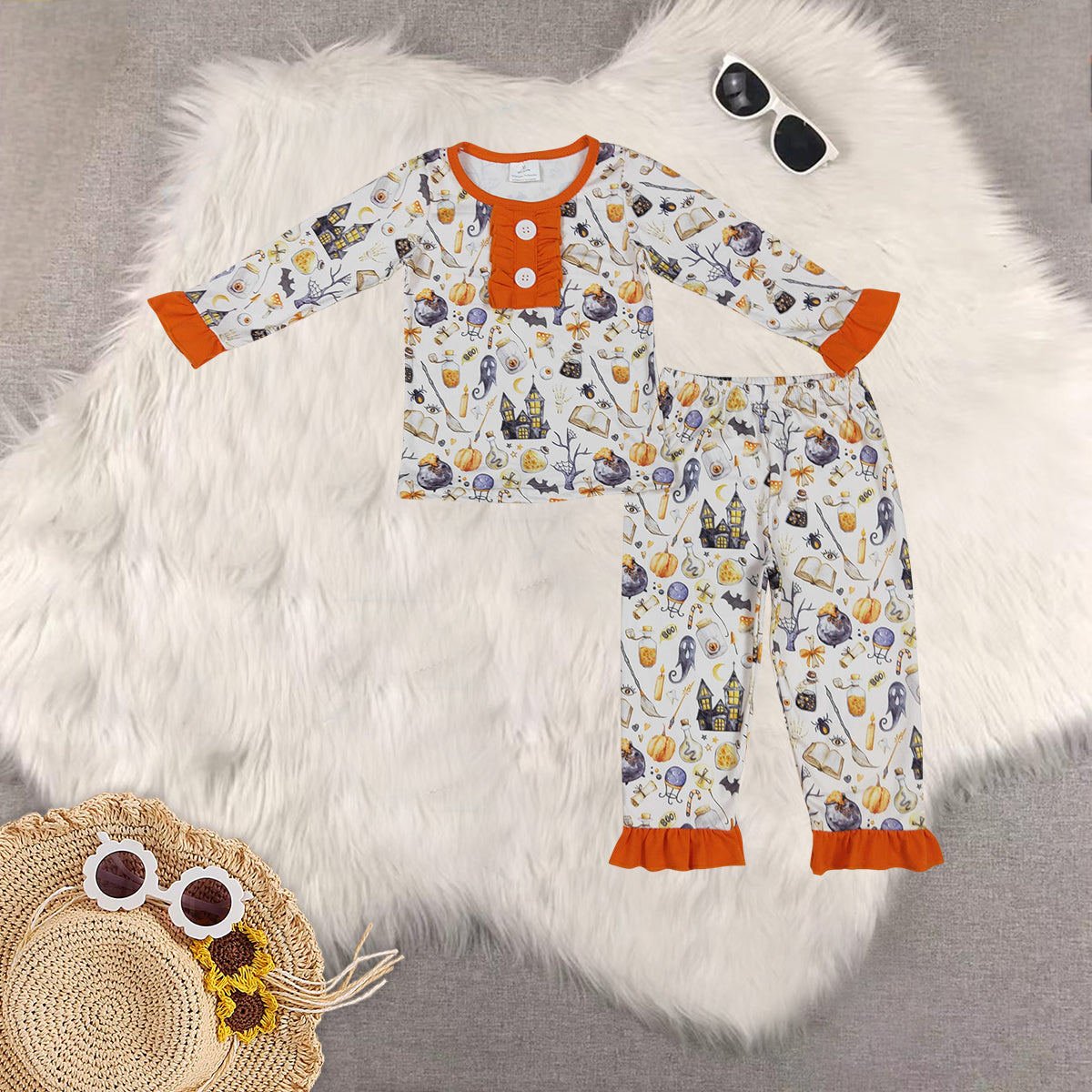 Sibling Baby Girls Long Sleeves Halloween Ghost Pumpkins Top Pant Pajamas Clothes Set