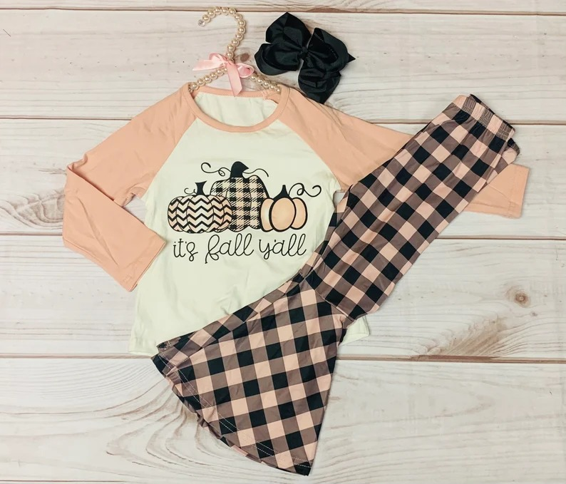Baby Girls Pink Fall Pumpkins Tops Checkered Bell Pants Clothes Sets Preorder