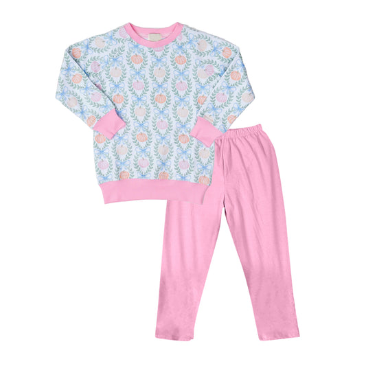 Baby Girls Pumpkin Bows Fall Tops Pants Pajamas Clothes Sets Preorder