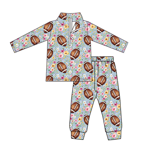 Baby Boys Football Flowers Zip Shirt Tops Pants Clothes Sets Preorder