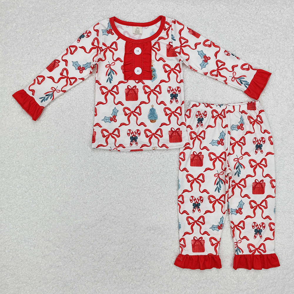 Sibling Baby Girls Christmas Candy Cane Holly Checked Ruffle Pant Pajamas Sets Knee Length Dress