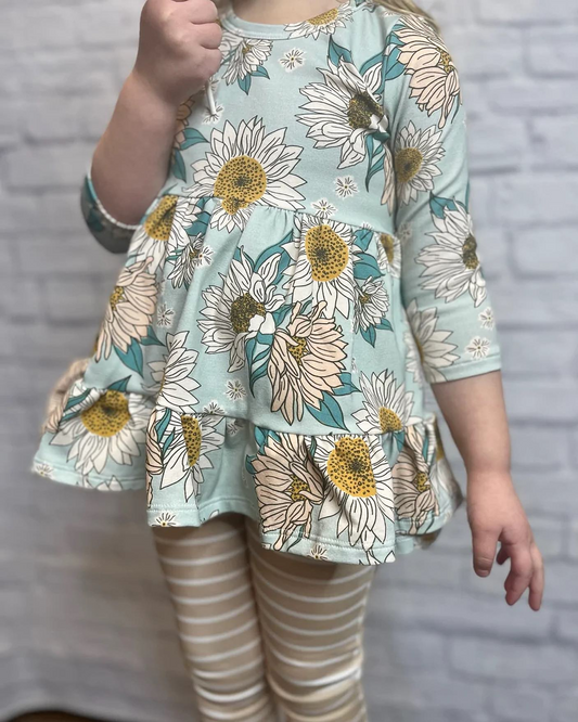 Baby Girls Fall Blue Sunflowers Tunic Top Legging Clothes Sets Preorder