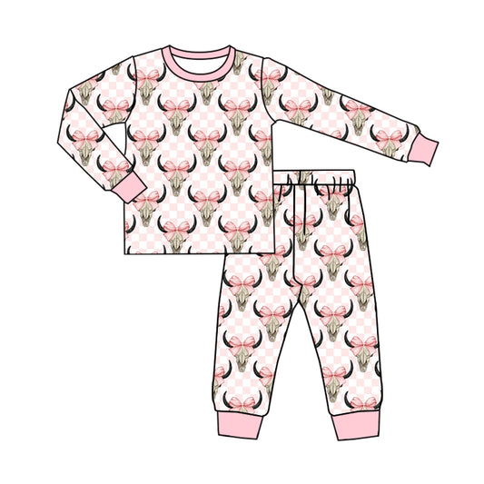 Baby Girls Cow Skull Bow Shirt Pants Pajamas Clothes Sets Preorder