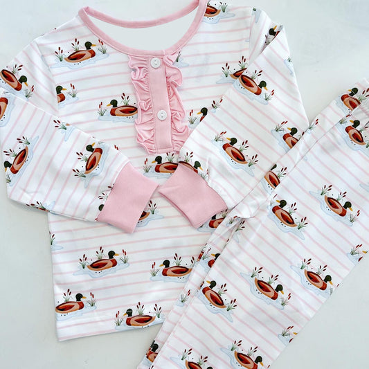 Baby Girls Pink Stripes Ducks Shirt Pants Pajamas Clothes Sets Preorder