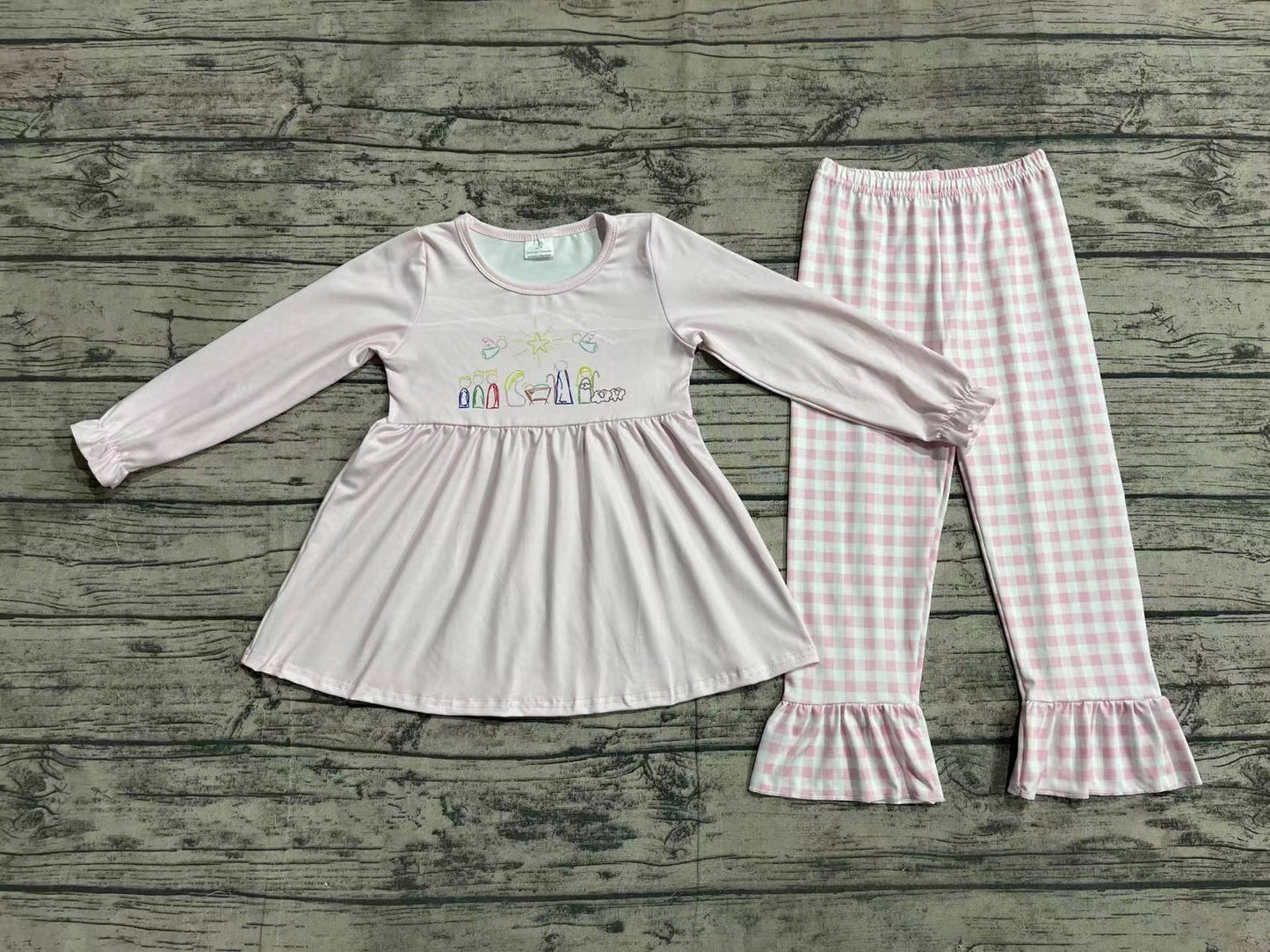 Baby Girls Christmas Pink Nativity Tunic Ruffle Pants Clothes Sets Preorder