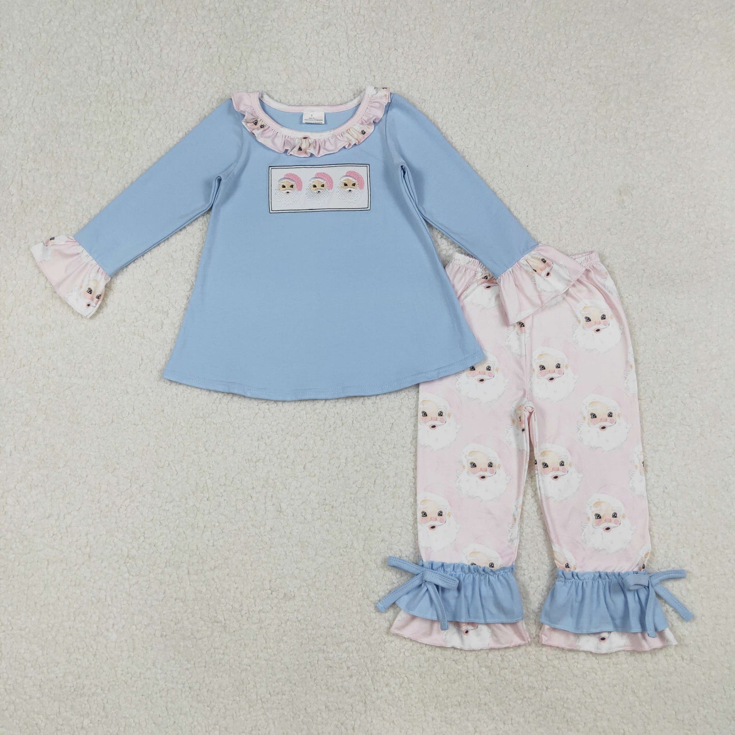 Embroidery Baby Girls Christmas Blue Santas Tunic Ruffle Pants Clothes Sets