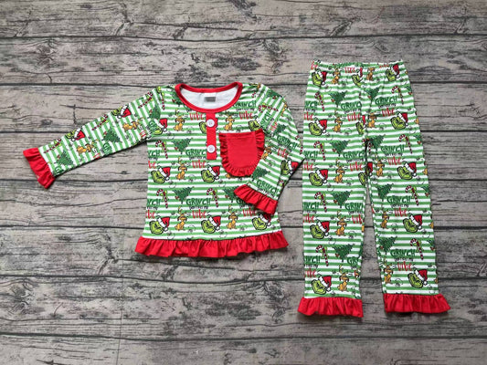 Baby Girls Christmas Green Face Pocket Shirt Pants Pajamas Clothes Sets