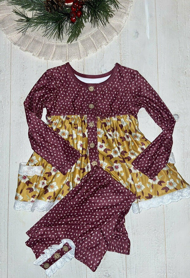 Baby Girls Fall Wine Flowers Pockets Tunic Top Legging Clothes Sets Preorder