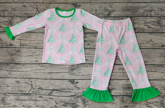 Baby Girls Christmas Pink Bows Trees Tops Pants Bamboo Pajamas Clothes Sets