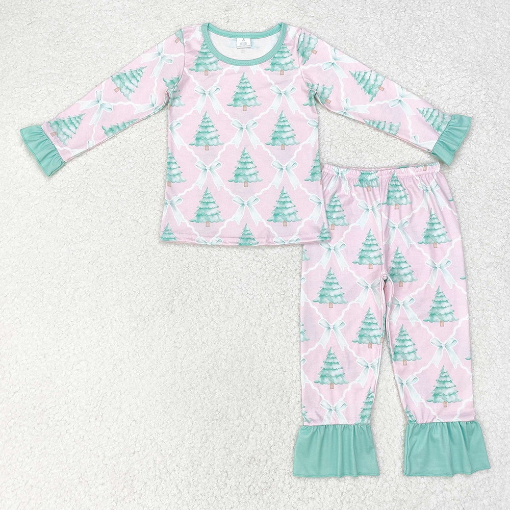 Family Sibling Bows Trees Checked Top Ruffle Pants Christmas Pajamas Sets Zipper Rompers Women Pants