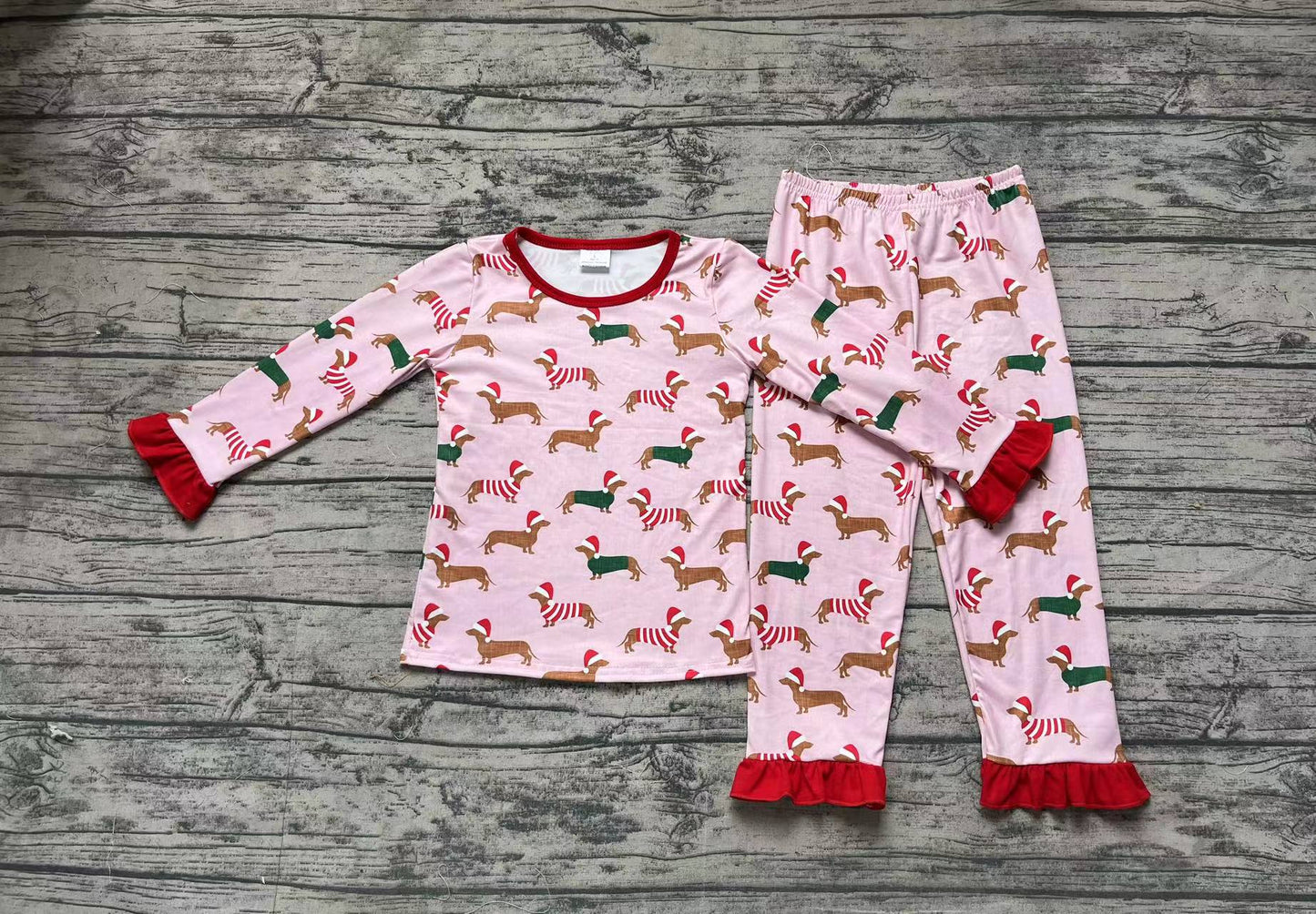 Baby Girls Christmas Dachshund Top Pants Pajamas Outfits Sets Preorder