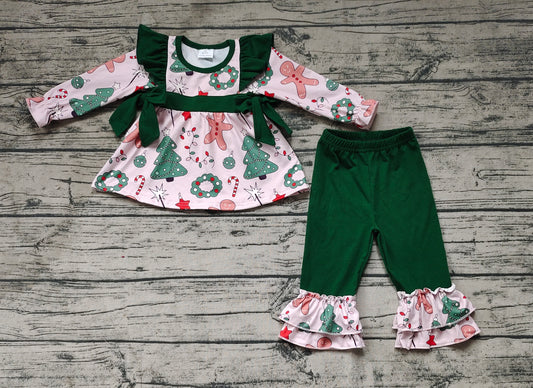 Baby Girls Christmas Gingerbread Bows Tunic Ruffle Pants Clothes Sets