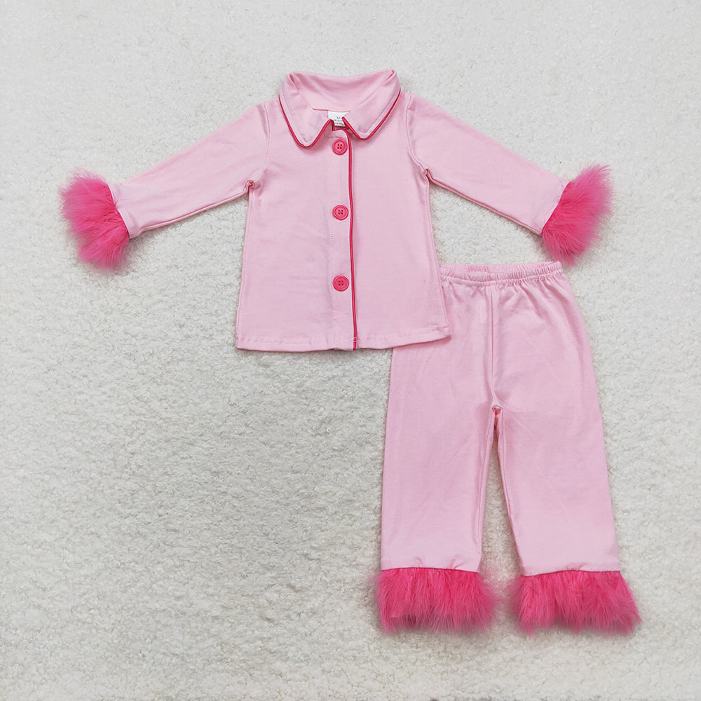 Baby Girls Pink Cotton Buttons Top Pants Fur Pajamas Clothes Sets