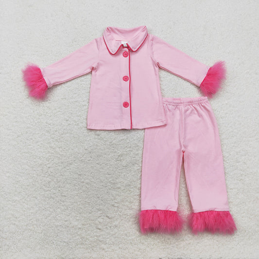 Baby Girls Pink Cotton Buttons Top Pants Fur Pajamas Clothes Sets