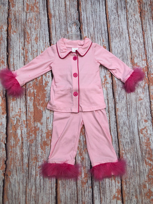 Baby Girls Pink Cotton Buttons Top Pants Fur Pajamas Clothes Sets