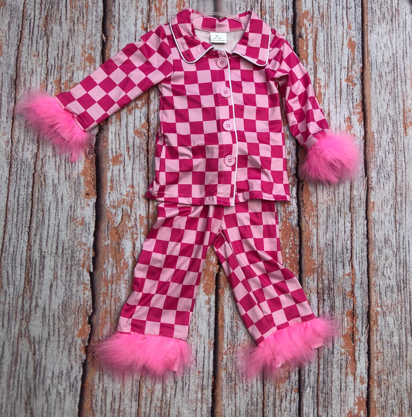 Baby Girls Dark Pink Checkered Buttons Top Pants Fur Pajamas Clothes Sets