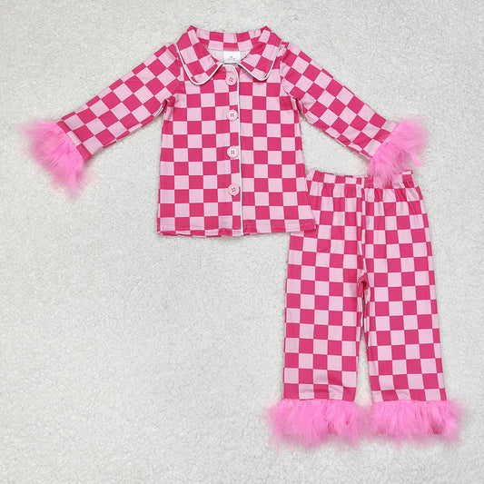 Baby Girls Dark Pink Checkered Buttons Top Pants Fur Pajamas Clothes Sets