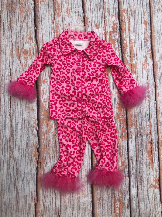 Baby Girls Dark Pink Leopard Buttons Top Pants Fur Pajamas Clothes Sets