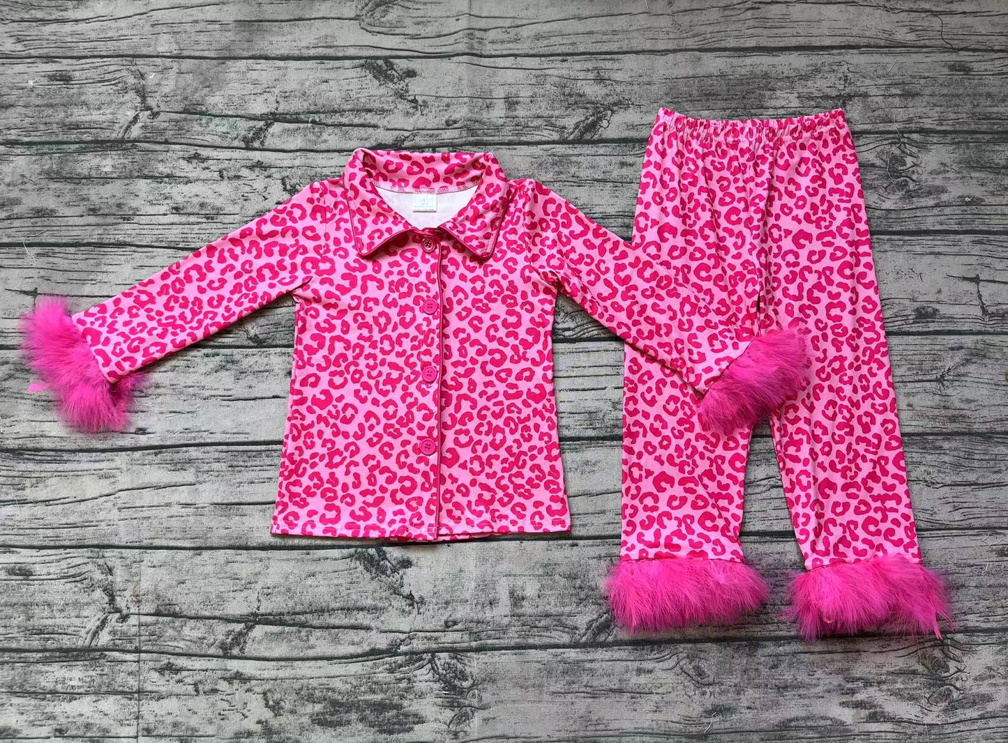 Baby Girls Dark Pink Leopard Buttons Top Pants Fur Pajamas Clothes Sets