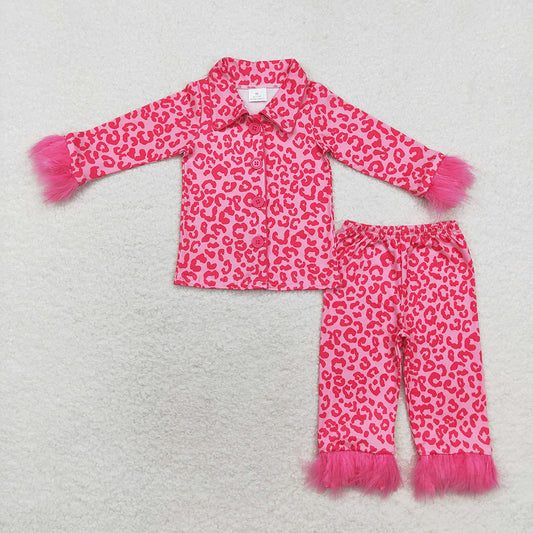 Mommy and Me Dark Pink Leopard Buttons Fur Pajamas Clothes Sets