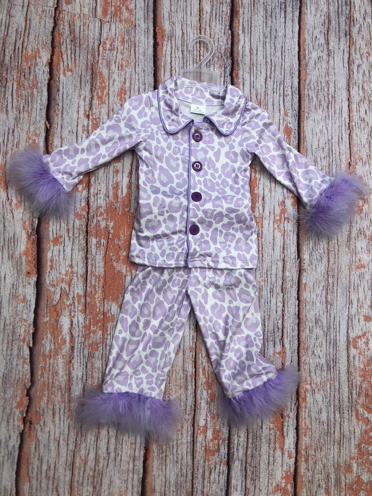 Baby Girls Lavender Leopard Buttons Top Pants Fur Pajamas Clothes Sets