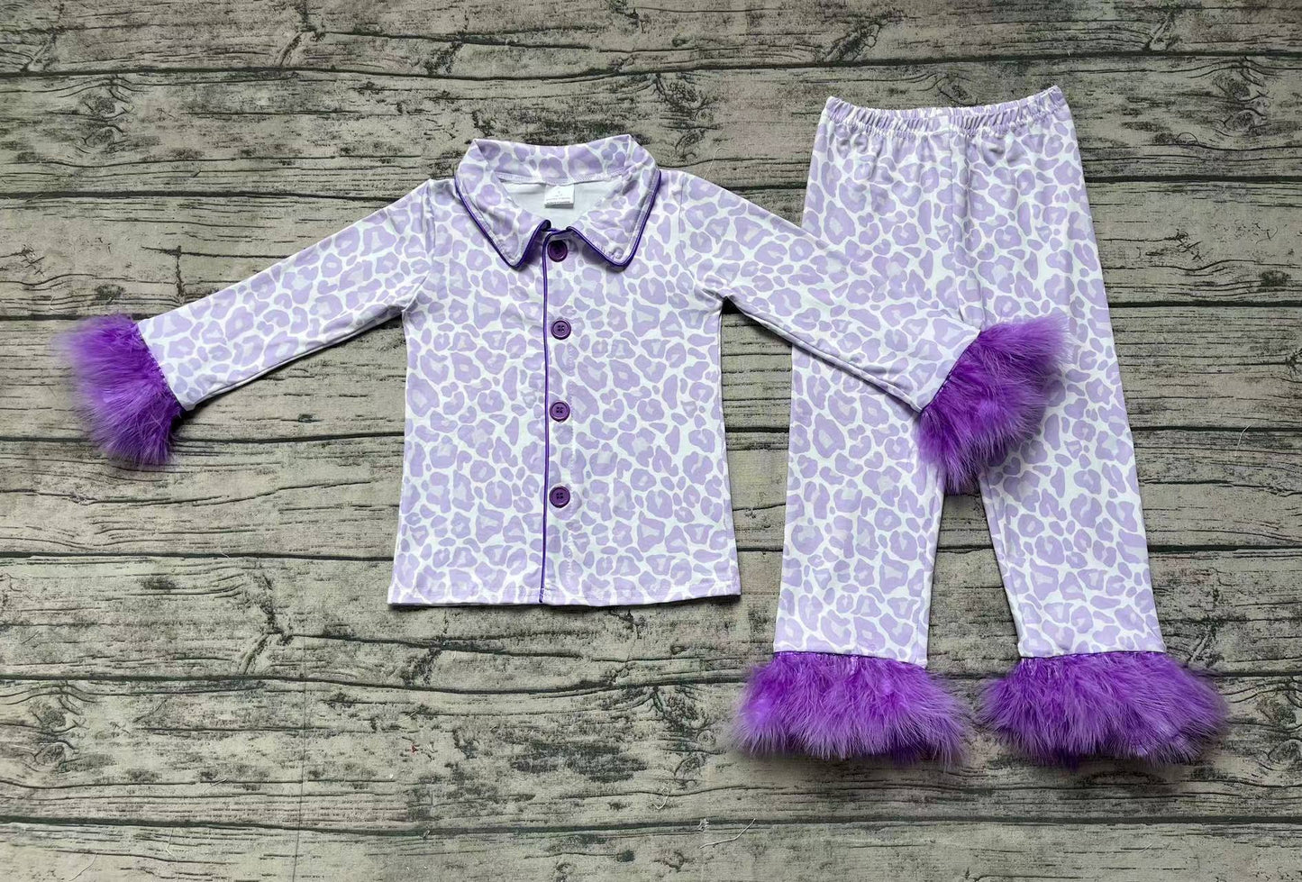 Baby Girls Lavender Leopard Buttons Top Pants Fur Pajamas Clothes Sets