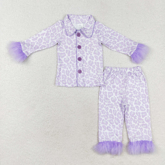 Baby Girls Lavender Leopard Buttons Top Pants Fur Pajamas Clothes Sets