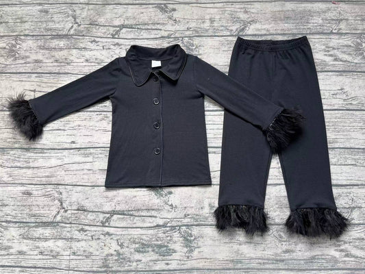 Baby Girls Black Cotton Buttons Top Pants Fur Pajamas Clothes Sets