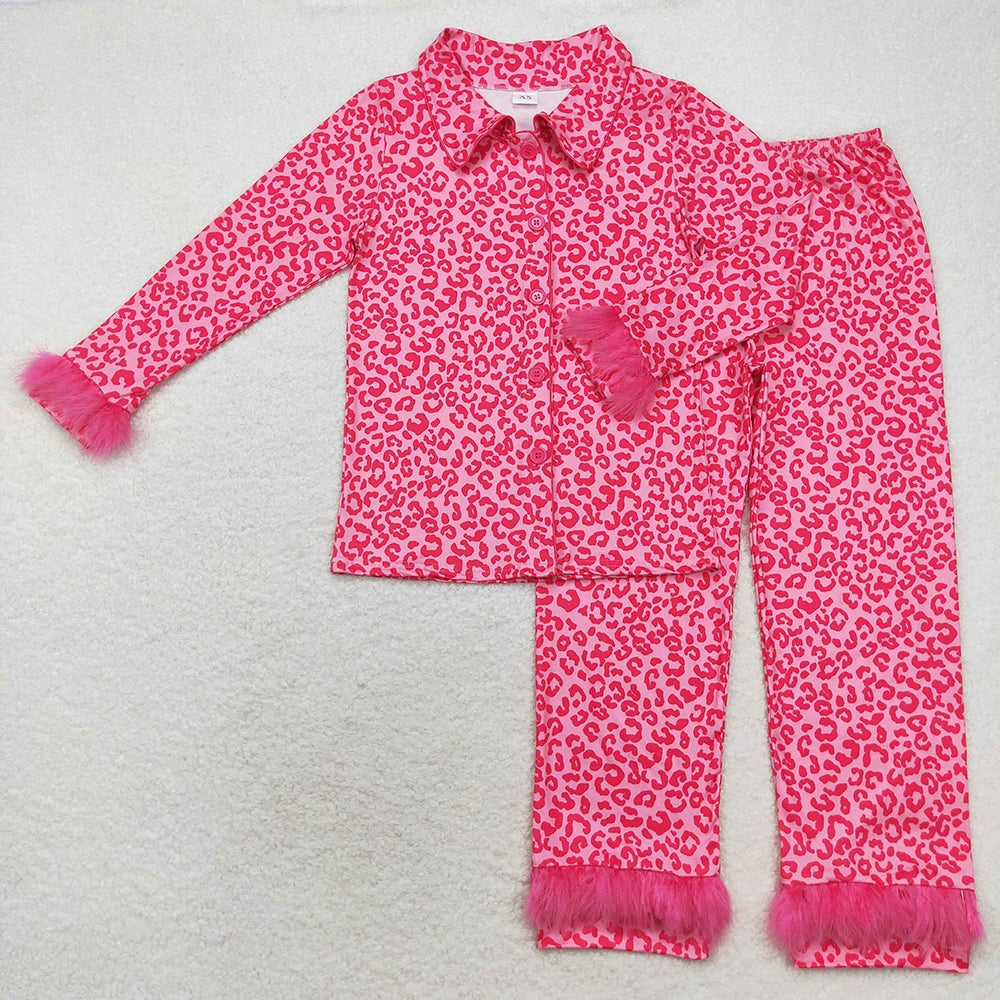 Adult Women Dark Pink Leopard Button Up Top Pants Fur Pajamas