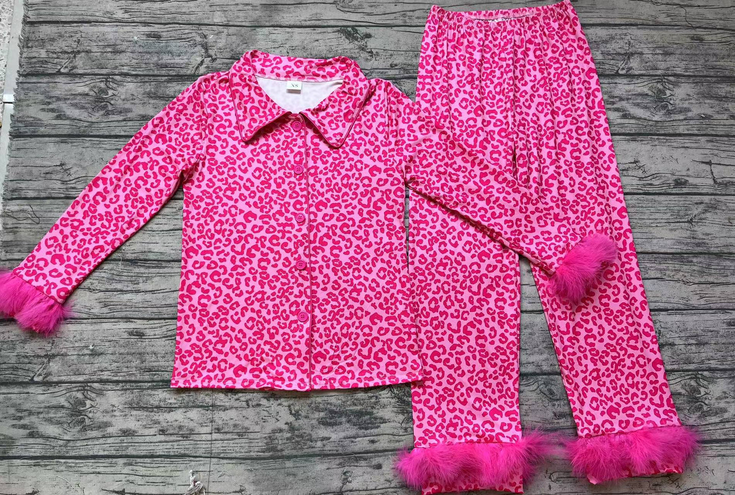 Adult Women Dark Pink Leopard Button Up Top Pants Fur Pajamas