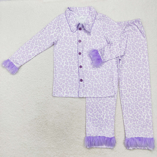 Adult Women Lavender Leopard Fur Button Up Top Pants Pajamas