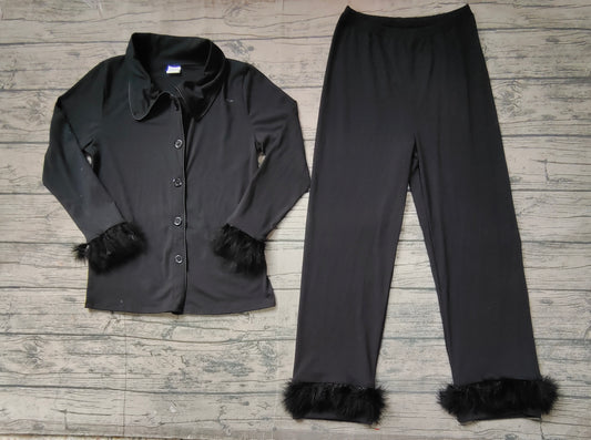 Adult Women Black Cotton Button Up Top Pants Fur Pajamas