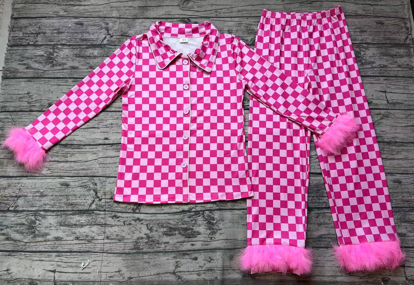 Adult Women Dark Pink Checkered Button Up Top Pants Fur Pajamas