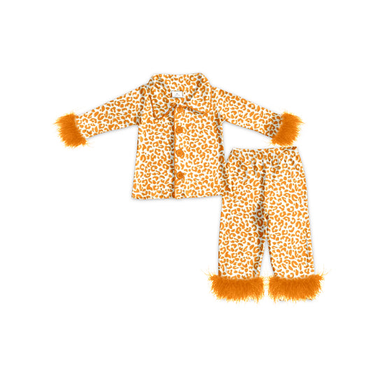 Baby Girls Halloween Orange Leopard Buttons Top Pants Pajamas Clothes Sets Preorder