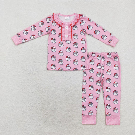 Baby Girls Christmas Pink Santa Ruffles Top Pants Bamboo Pajamas Clothes Sets