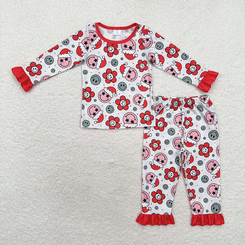 Baby Girls Christmas Red Flowers Smile Top Pants Bamboo Pajamas Clothes Sets