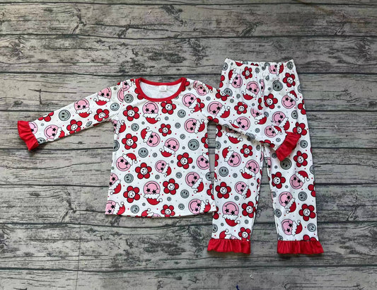 Baby Girls Christmas Red Flowers Smile Top Pants Bamboo Pajamas Clothes Sets