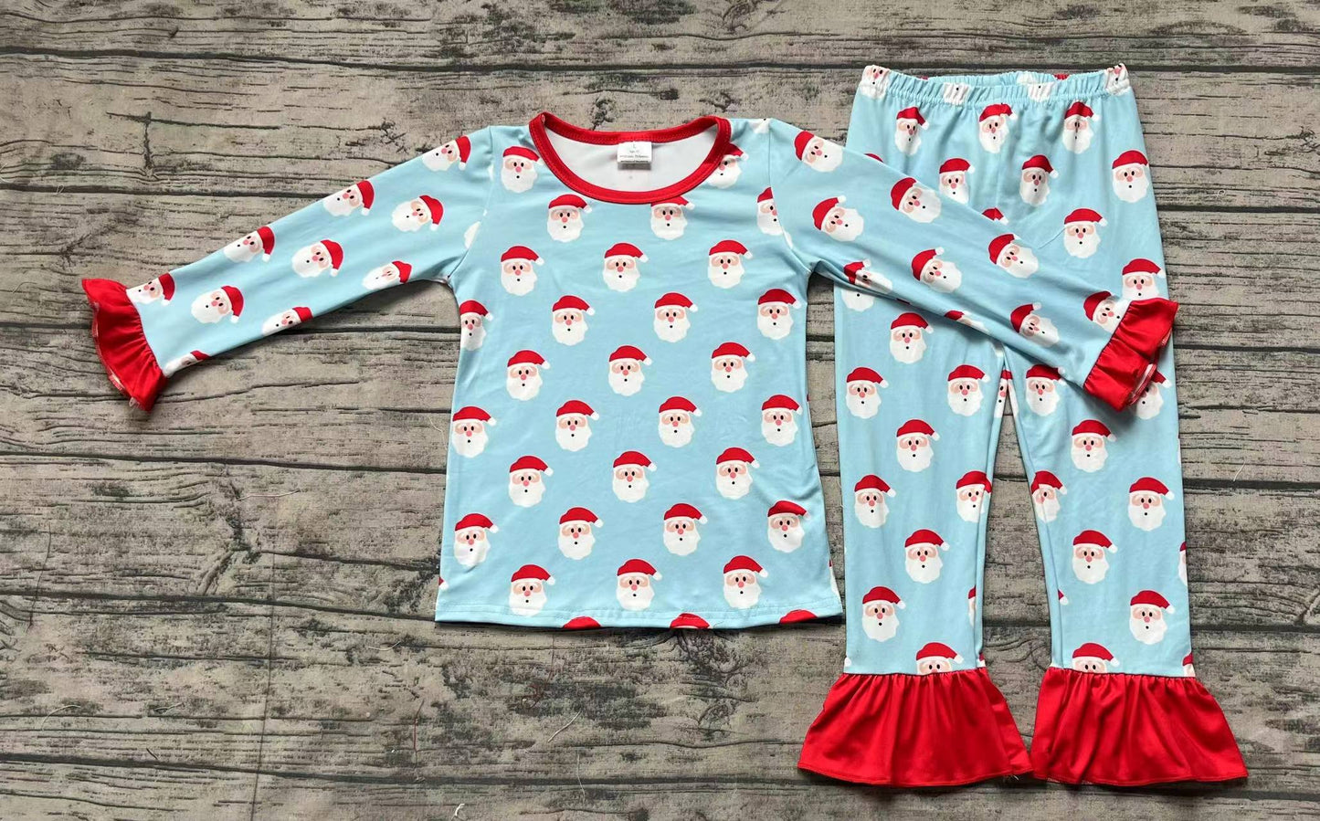 Baby Girls Christmas Blue Red Santa Shirt Top Ruffle Pants Pajamas Clothes Sets