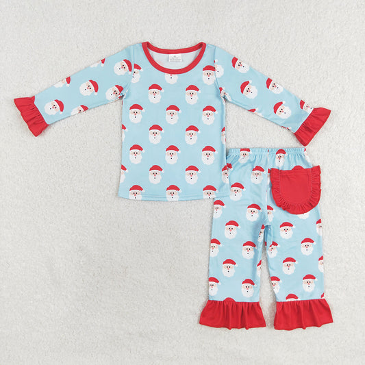 Baby Girls Christmas Blue Red Santa Shirt Top Ruffle Pants Pajamas Clothes Sets