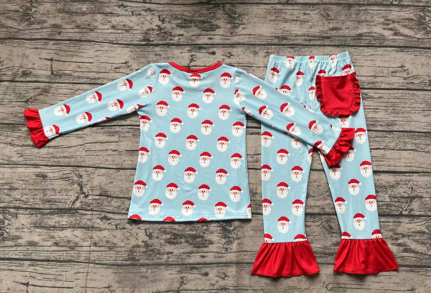 Baby Girls Christmas Blue Red Santa Shirt Top Ruffle Pants Pajamas Clothes Sets