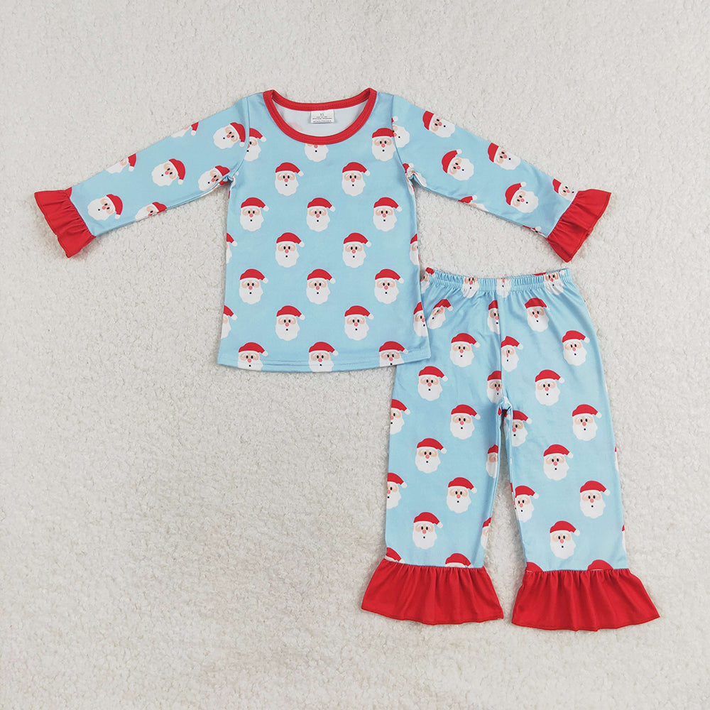 Baby Girls Christmas Blue Red Santa Shirt Top Ruffle Pants Pajamas Clothes Sets