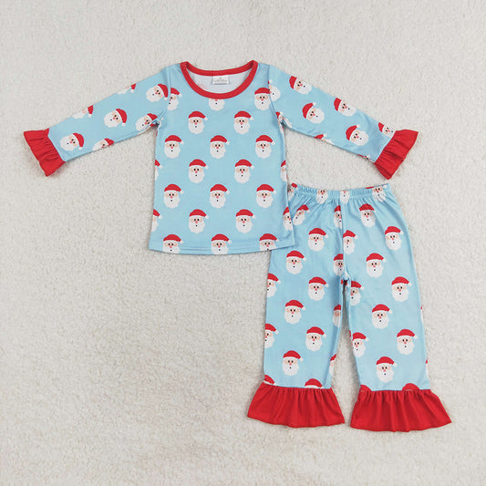 Baby Girls Christmas Blue Red Santa Shirt Top Ruffle Pants Pajamas Clothes Sets