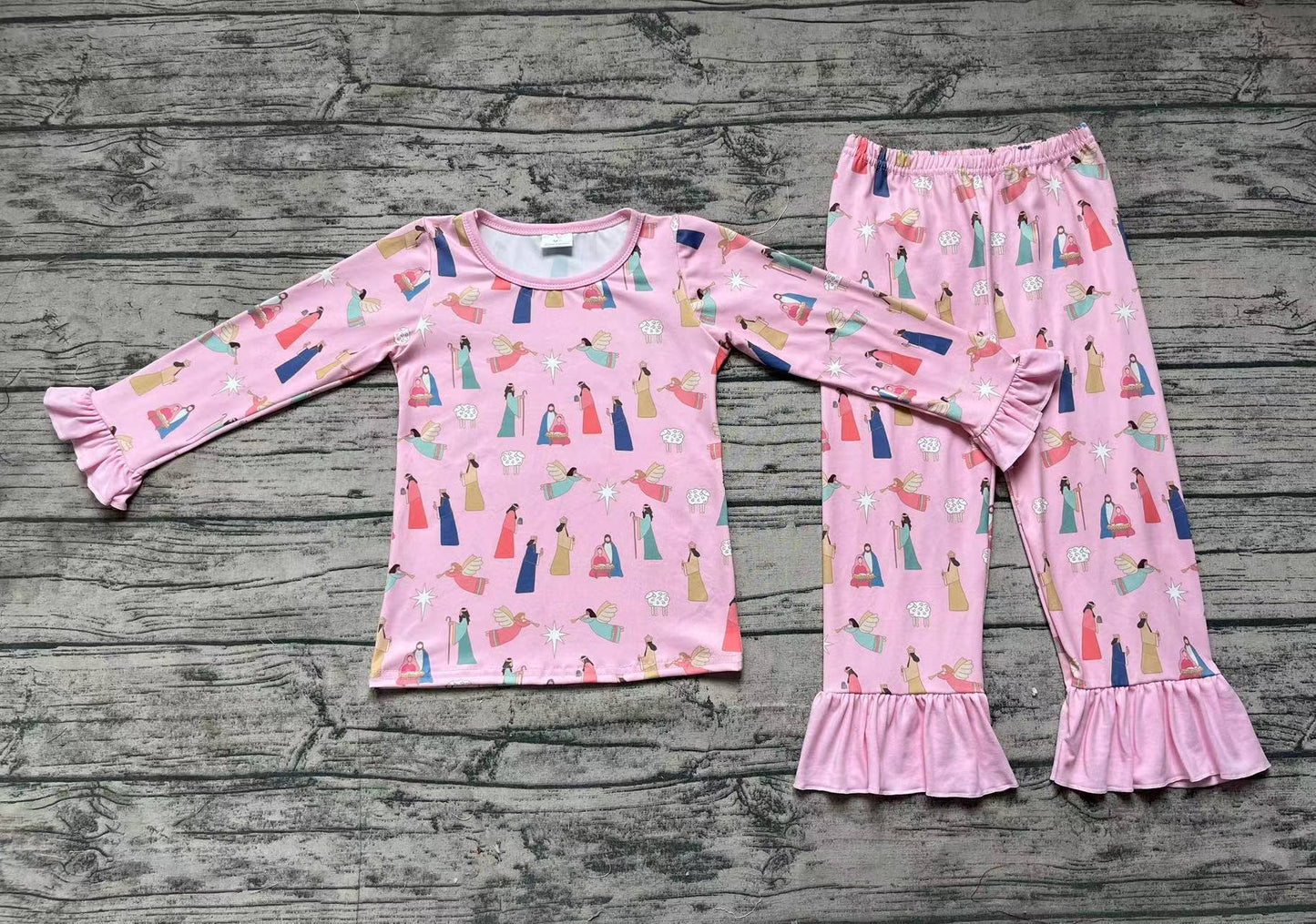 Baby Girls Christmas Pink Nativity Shirt Top Ruffle Pants Pajamas Clothes Sets