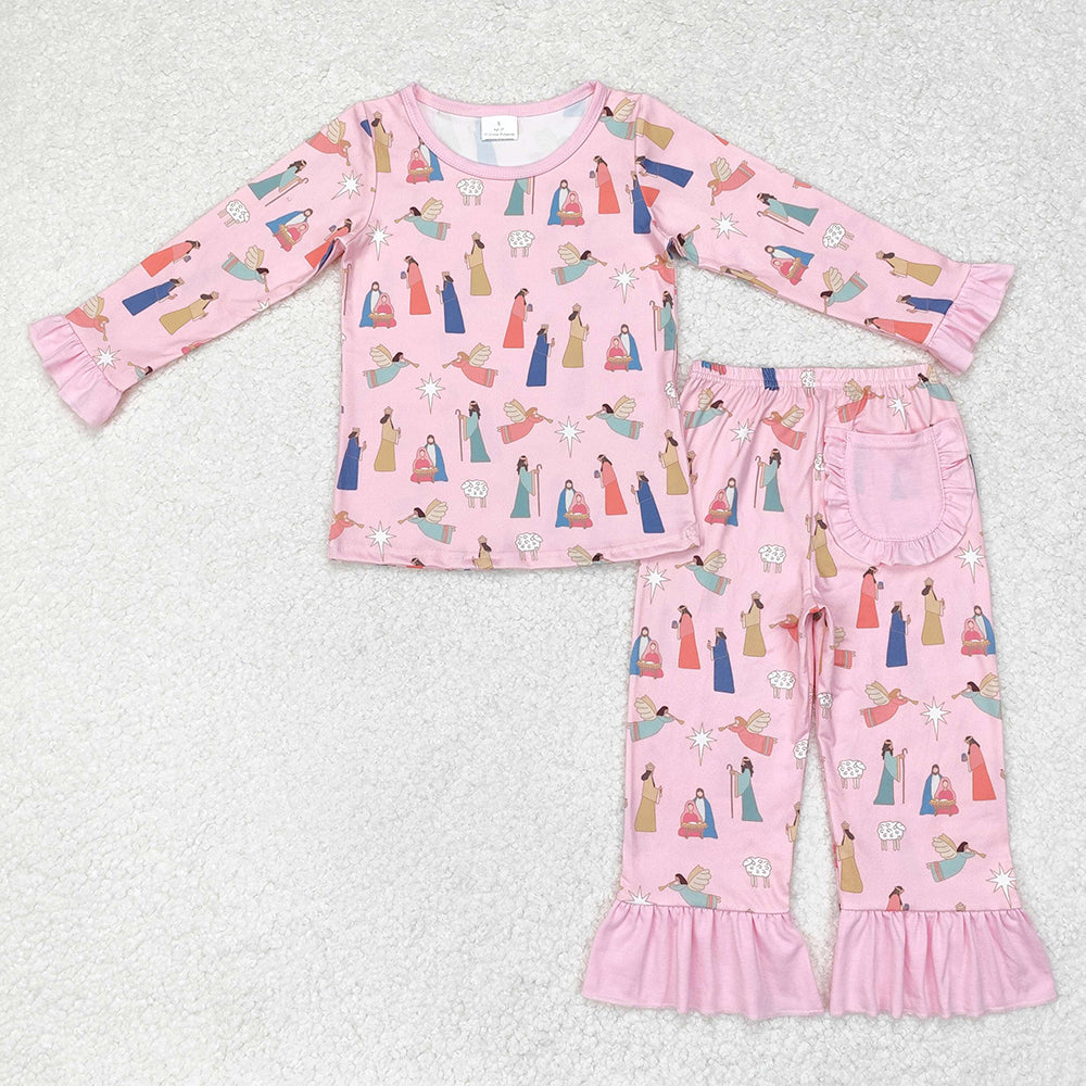 Baby Girls Christmas Pink Nativity Shirt Top Ruffle Pants Pajamas Clothes Sets