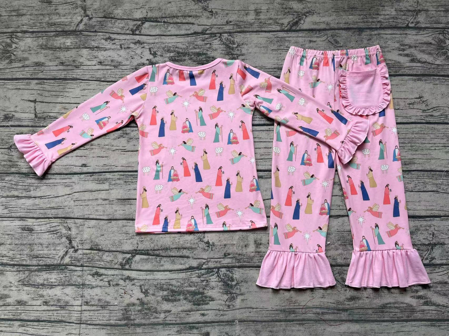 Baby Girls Christmas Pink Nativity Shirt Top Ruffle Pants Pajamas Clothes Sets