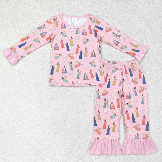 Baby Girls Christmas Pink Nativity Shirt Top Ruffle Pants Pajamas Clothes Sets