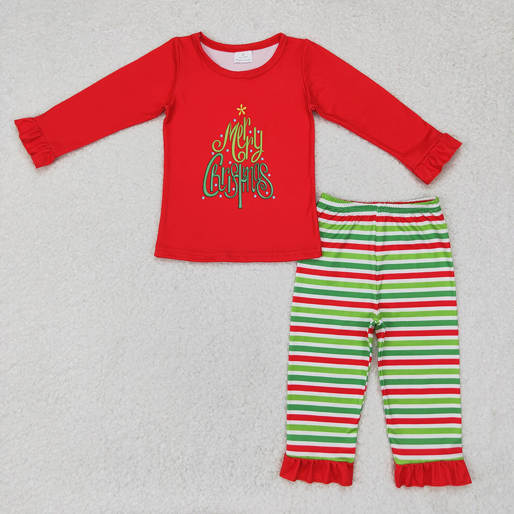 Baby Girls Christmas Ruffle Shirts Stripes Pants Pajamas Clothes Sets